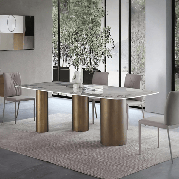 Mira Modern Dining Table – White Sintered Stone Top with Luxury Gold Metal Base, Contemporary Designer Dining Table - Sleek Furniture