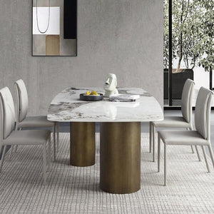 Mira Modern Dining Table – White Sintered Stone Top with Luxury Gold Metal Base, Contemporary Designer Dining Table - Sleek Furniture