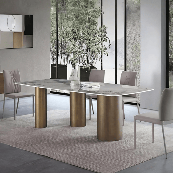 Mira Modern Dining Table – White Sintered Stone Top with Luxury Gold Metal Base, Contemporary Designer Dining Table - Sleek Furniture