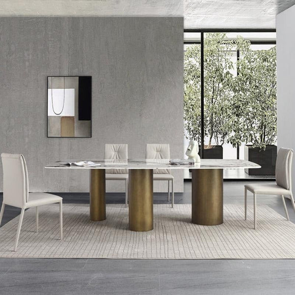 Mira Modern Dining Table – White Sintered Stone Top with Luxury Gold Metal Base, Contemporary Designer Dining Table - Sleek Furniture