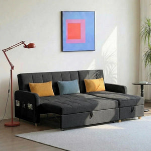 ML203 L Shape Three Seater Sofa Bed with Storage | Linen Corner Sofa Bed with Pull-Out Bed Function & Hidden Storage | Modern 3-Seater Convertible Sofa for Living Room - Sleek Furniture