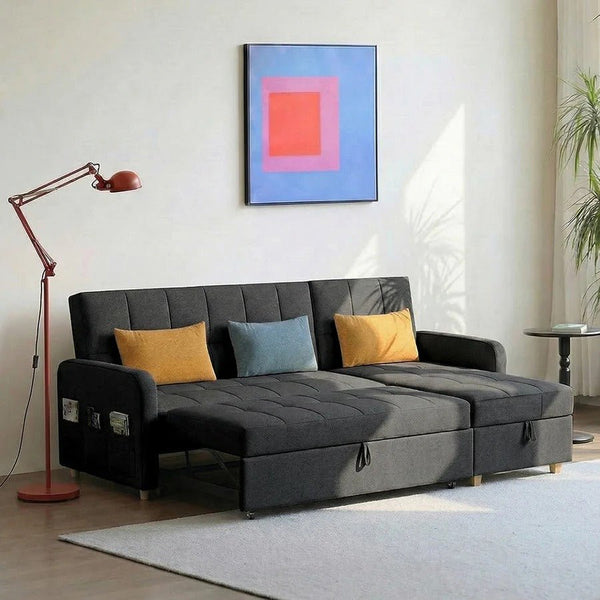 ML203 L Shape Three Seater Sofa Bed with Storage | Linen Corner Sofa Bed with Pull-Out Bed Function & Hidden Storage | Modern 3-Seater Convertible Sofa for Living Room - Sleek Furniture
