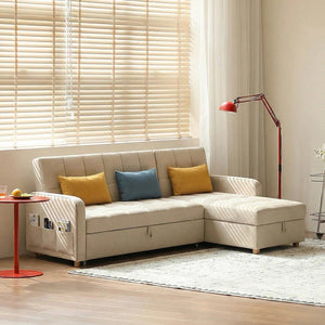 ML203 L Shape Three Seater Sofa Bed with Storage | Linen Corner Sofa Bed with Pull-Out Bed Function & Hidden Storage | Modern 3-Seater Convertible Sofa for Living Room - Sleek Furniture