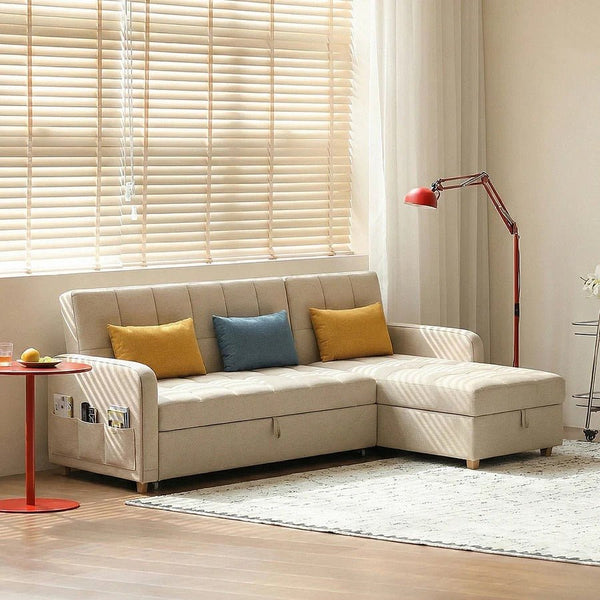 ML203 L Shape Three Seater Sofa Bed with Storage | Linen Corner Sofa Bed with Pull-Out Bed Function & Hidden Storage | Modern 3-Seater Convertible Sofa for Living Room - Sleek Furniture