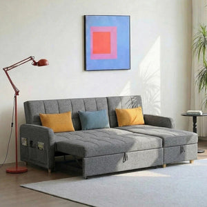ML203 L Shape Three Seater Sofa Bed with Storage | Linen Corner Sofa Bed with Pull-Out Bed Function & Hidden Storage | Modern 3-Seater Convertible Sofa for Living Room - Sleek Furniture