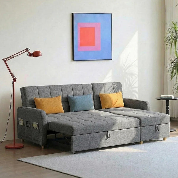 ML203 L Shape Three Seater Sofa Bed with Storage | Linen Corner Sofa Bed with Pull-Out Bed Function & Hidden Storage | Modern 3-Seater Convertible Sofa for Living Room - Sleek Furniture