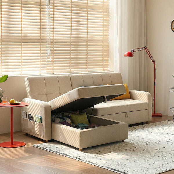 ML203 L Shape Three Seater Sofa Bed with Storage | Linen Corner Sofa Bed with Pull-Out Bed Function & Hidden Storage | Modern 3-Seater Convertible Sofa for Living Room - Sleek Furniture