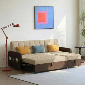 ML203 L Shape Three Seater Sofa Bed with Storage | Linen Corner Sofa Bed with Pull-Out Bed Function & Hidden Storage | Modern 3-Seater Convertible Sofa for Living Room - Sleek Furniture