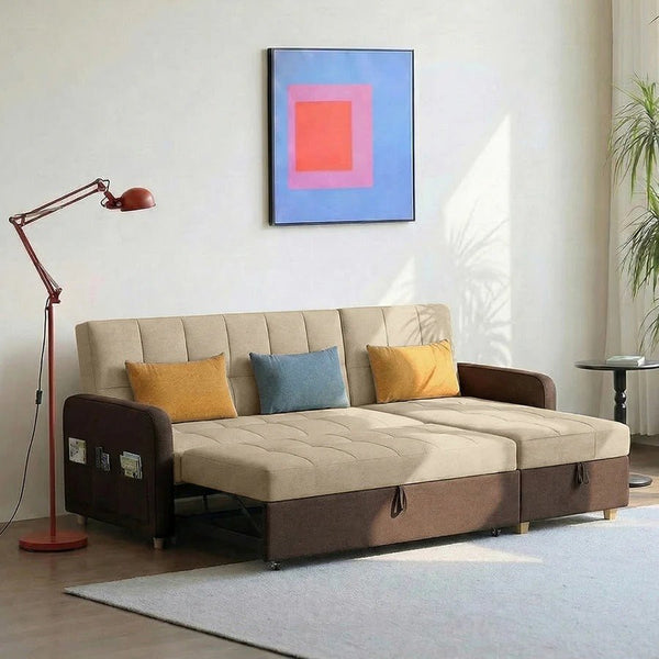 ML203 L Shape Three Seater Sofa Bed with Storage | Linen Corner Sofa Bed with Pull-Out Bed Function & Hidden Storage | Modern 3-Seater Convertible Sofa for Living Room - Sleek Furniture