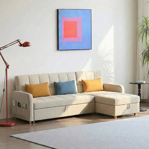 ML203 L Shape Three Seater Sofa Bed with Storage | Linen Corner Sofa Bed with Pull-Out Bed Function & Hidden Storage | Modern 3-Seater Convertible Sofa for Living Room - Sleek Furniture