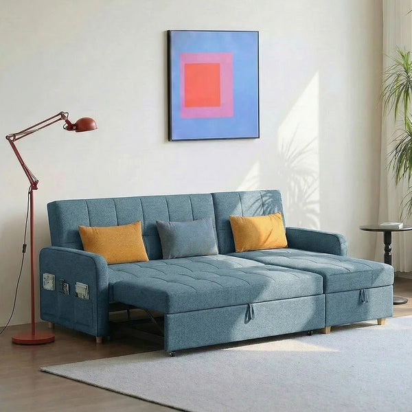 ML203 L Shape Three Seater Sofa Bed with Storage | Linen Corner Sofa Bed with Pull-Out Bed Function & Hidden Storage | Modern 3-Seater Convertible Sofa for Living Room - Sleek Furniture