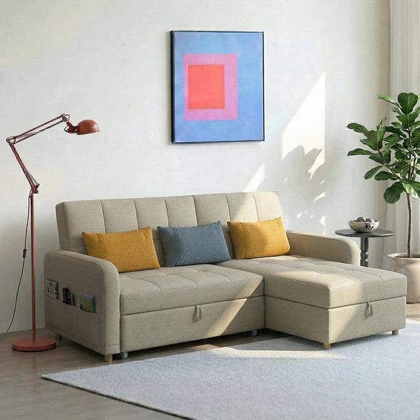 ML203 L Shape Three Seater Sofa Bed with Storage | Linen Corner Sofa Bed with Pull-Out Bed Function & Hidden Storage | Modern 3-Seater Convertible Sofa for Living Room - Sleek Furniture