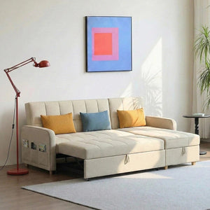 ML203 L Shape Three Seater Sofa Bed with Storage | Linen Corner Sofa Bed with Pull-Out Bed Function & Hidden Storage | Modern 3-Seater Convertible Sofa for Living Room - Sleek Furniture