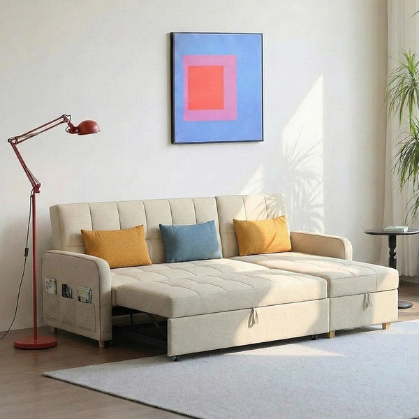 ML203 L Shape Three Seater Sofa Bed with Storage | Linen Corner Sofa Bed with Pull-Out Bed Function & Hidden Storage | Modern 3-Seater Convertible Sofa for Living Room - Sleek Furniture
