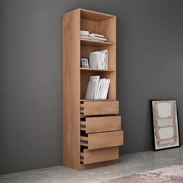 Modern 3 - Piece Bookcase Set – Glass & Solid Wood Shelving Units, Cherry Finish Storage Display Shelves for Living Room, Office & Home Organisation - Sleek Furniture