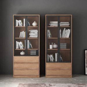 Modern 3 - Piece Bookcase Set – Glass & Solid Wood Shelving Units, Cherry Finish Storage Display Shelves for Living Room, Office & Home Organisation - Sleek Furniture