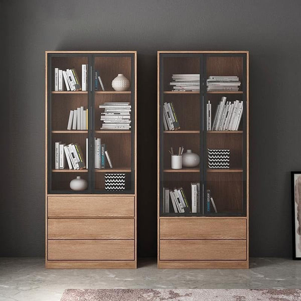 Modern 3 - Piece Bookcase Set – Glass & Solid Wood Shelving Units, Cherry Finish Storage Display Shelves for Living Room, Office & Home Organisation - Sleek Furniture