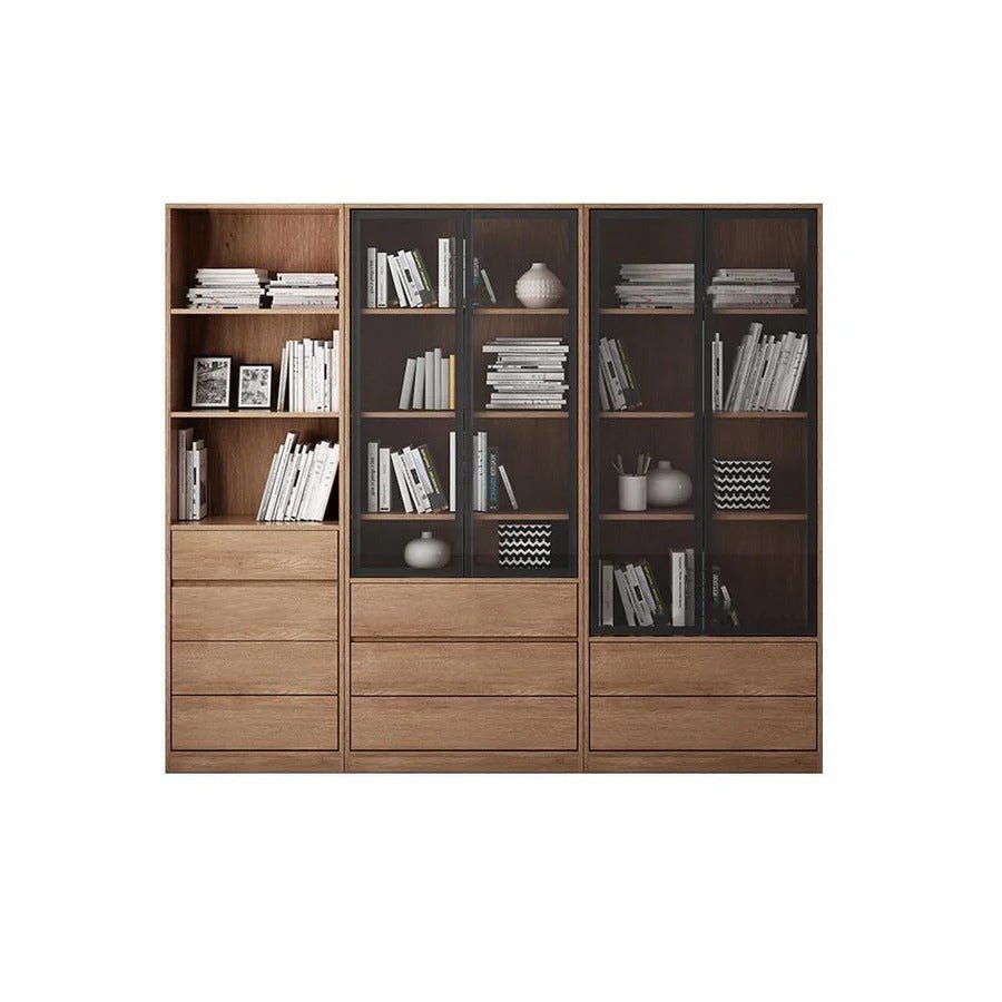 Modern 3 - Piece Bookcase Set – Glass & Solid Wood Shelving Units, Cherry Finish Storage Display Shelves for Living Room, Office & Home Organisation - Sleek Furniture
