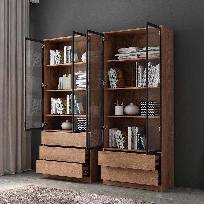 Modern 3 - Piece Bookcase Set – Glass & Solid Wood Shelving Units, Cherry Finish Storage Display Shelves for Living Room, Office & Home Organisation - Sleek Furniture