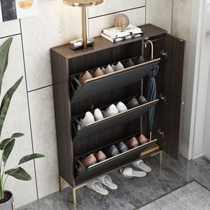 Modern CASA Shoe Storage Cabinet with Metal Frame, Dark Oak Hallway Organizer with Shelves & Contemporary Design - Sleek Furniture