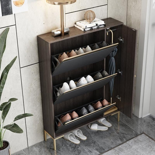 Modern CASA Shoe Storage Cabinet with Metal Frame, Dark Oak Hallway Organizer with Shelves & Contemporary Design - Sleek Furniture
