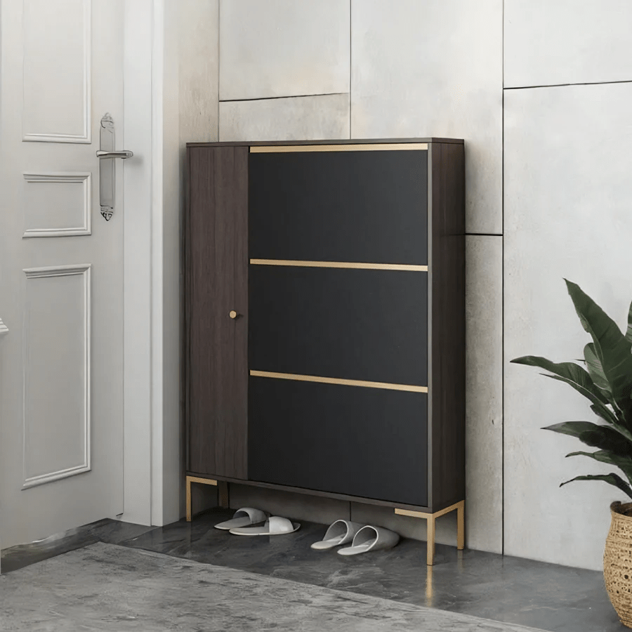 Modern CASA Shoe Storage Cabinet with Metal Frame, Dark Oak Hallway Organizer with Shelves & Contemporary Design - Sleek Furniture