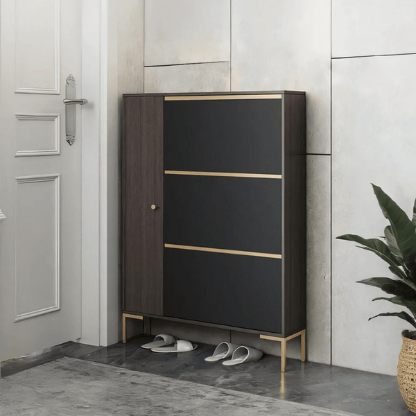 Modern CASA Shoe Storage Cabinet with Metal Frame, Dark Oak Hallway Organizer with Shelves & Contemporary Design - Sleek Furniture