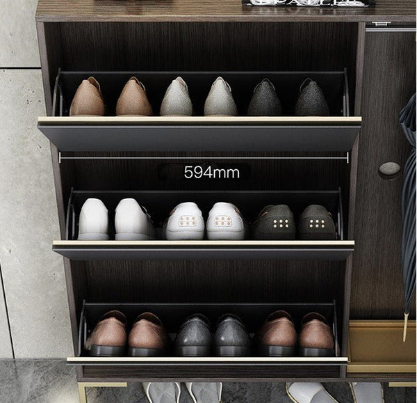 Modern CASA Shoe Storage Cabinet with Metal Frame, Dark Oak Hallway Organizer with Shelves & Contemporary Design - Sleek Furniture