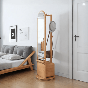 Modern Rotatable Coat Rack Wardrobe with Rattan Storage Cabinet – Solid Wood Oak Hallway Organizer with Hanging Rail & Shelves - Sleek Furniture