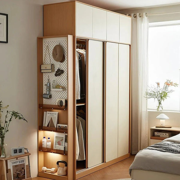 Modern Sliding Door Wardrobe with Mirror Option – Contemporary MDF Storage Closet in White & Oak Finish - Sleek Furniture