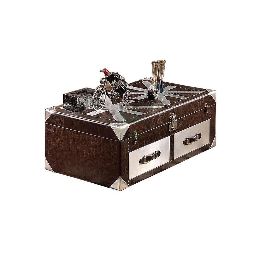 N6 Aviator Coffee Table Industrial Vintage Aluminium Accent Table with MDF Top Storage Drawers Contemporary Living Room Furniture Brown Dark Tan - Sleek Furniture