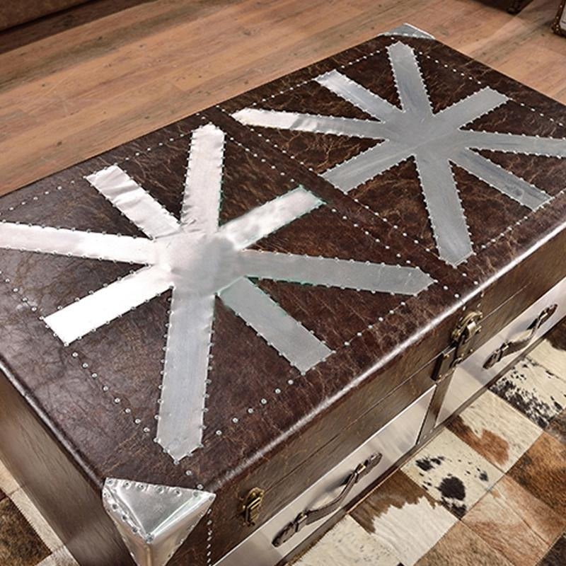 N6 Aviator Coffee Table Industrial Vintage Aluminium Accent Table with MDF Top Storage Drawers Contemporary Living Room Furniture Brown Dark Tan - Sleek Furniture