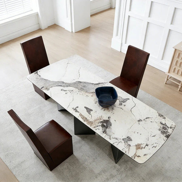Nala Large Dining Table with Black Legs | Sintered Stone Marble Effect Top | Modern Contemporary Dining Table for 6–8 Seats | Steel Frame Dining Table - Sleek Furniture