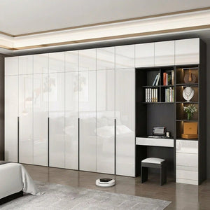 Nascimento L - Shape Corner Wardrobe with Dressing Table | Tall Modern Storage Wardrobe Unit | MDF Bedroom Organizer Cabinet | Grey & White Finish - Sleek Furniture