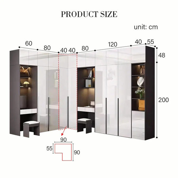 Nascimento L - Shape Corner Wardrobe with Dressing Table | Tall Modern Storage Wardrobe Unit | MDF Bedroom Organizer Cabinet | Grey & White Finish - Sleek Furniture