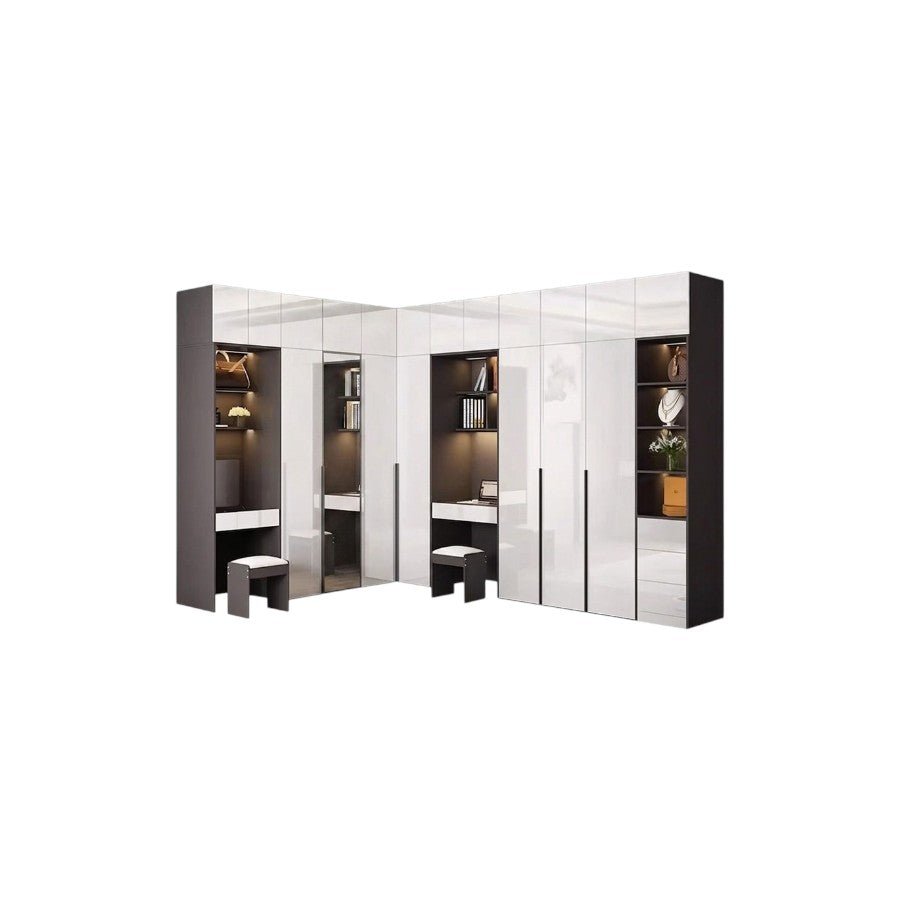 Nascimento L - Shape Corner Wardrobe with Dressing Table | Tall Modern Storage Wardrobe Unit | MDF Bedroom Organizer Cabinet | Grey & White Finish - Sleek Furniture