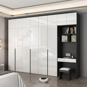 Nascimento L - Shape Corner Wardrobe with Dressing Table | Tall Modern Storage Wardrobe Unit | MDF Bedroom Organizer Cabinet | Grey & White Finish - Sleek Furniture