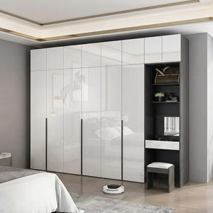 Nascimento L - Shape Corner Wardrobe with Dressing Table | Tall Modern Storage Wardrobe Unit | MDF Bedroom Organizer Cabinet | Grey & White Finish - Sleek Furniture