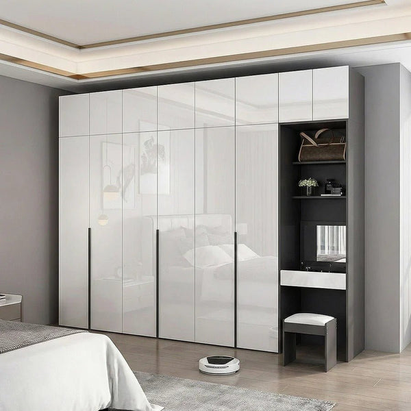 Nascimento L - Shape Corner Wardrobe with Dressing Table | Tall Modern Storage Wardrobe Unit | MDF Bedroom Organizer Cabinet | Grey & White Finish - Sleek Furniture