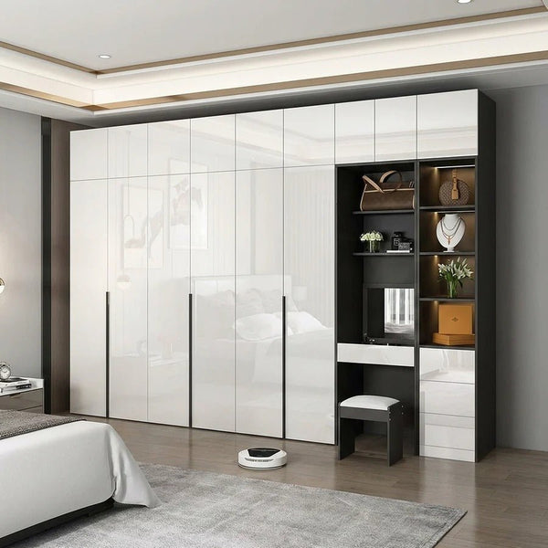 Nascimento L - Shape Corner Wardrobe with Dressing Table | Tall Modern Storage Wardrobe Unit | MDF Bedroom Organizer Cabinet | Grey & White Finish - Sleek Furniture