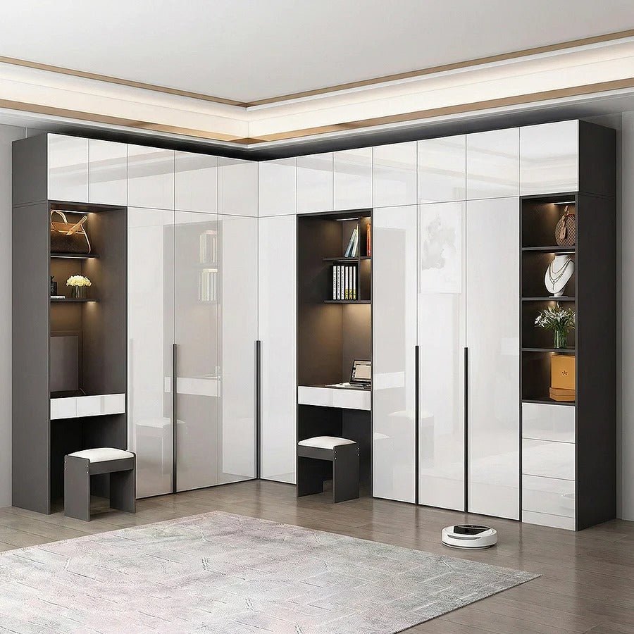 Nascimento L - Shape Corner Wardrobe with Dressing Table | Tall Modern Storage Wardrobe Unit | MDF Bedroom Organizer Cabinet | Grey & White Finish - Sleek Furniture