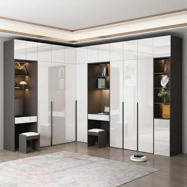 Nascimento L - Shape Corner Wardrobe with Dressing Table | Tall Modern Storage Wardrobe Unit | MDF Bedroom Organizer Cabinet | Grey & White Finish - Sleek Furniture