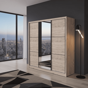 Navara Oak Effect Sliding Door Wardrobe with Mirror – 236cm Wide, 216cm High, 60cm Deep, Modern Bedroom Storage - My Store