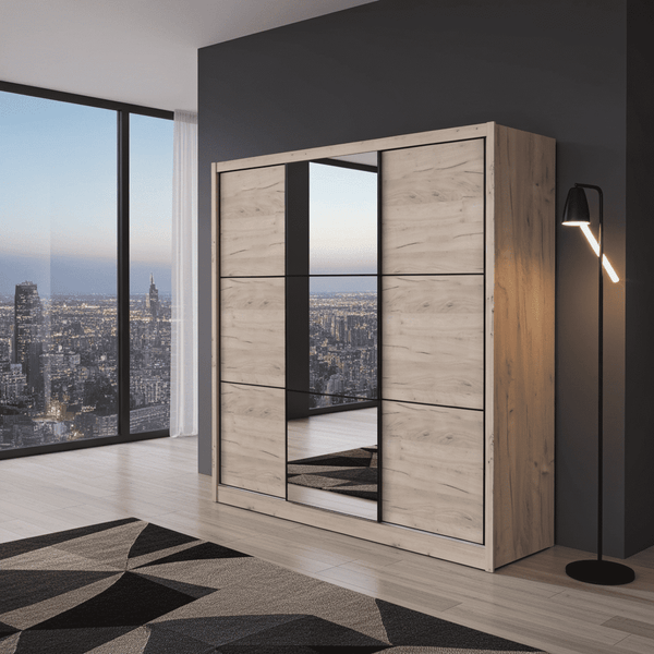 Navara Oak Effect Sliding Door Wardrobe with Mirror – 236cm Wide, 216cm High, 60cm Deep, Modern Bedroom Storage - My Store
