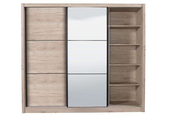 Navara Oak Effect Sliding Door Wardrobe with Mirror – 236cm Wide, 216cm High, 60cm Deep, Modern Bedroom Storage - My Store