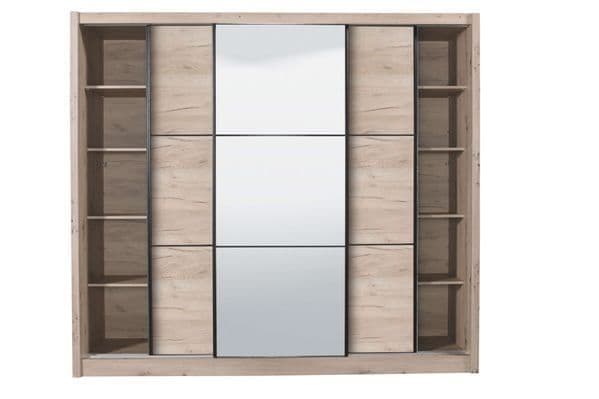 Navara Oak Effect Sliding Door Wardrobe with Mirror – 236cm Wide, 216cm High, 60cm Deep, Modern Bedroom Storage - My Store