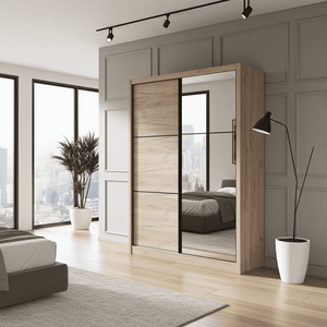 Navara Oak Effect Sliding Door Wardrobe 2 Doors with Full-Length Mirror – 166cm Wide, Modern Bedroom Storage - My Store