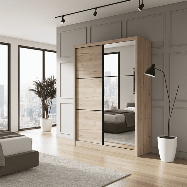 Navara Oak Effect Sliding Door Wardrobe 2 Doors with Full-Length Mirror – 166cm Wide, Modern Bedroom Storage - My Store