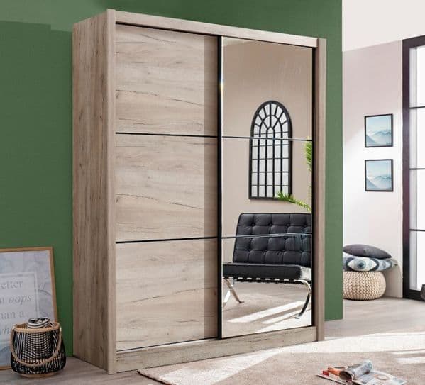 Navara Oak Effect Sliding Door Wardrobe 2 Doors with Full-Length Mirror – 166cm Wide, Modern Bedroom Storage - My Store