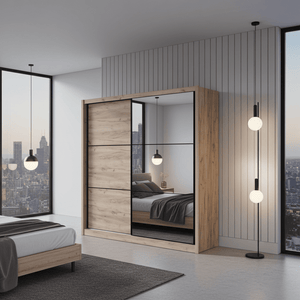 Navara Oak Effect Sliding Door Wardrobe with Mirror, 215cm – Contemporary Bedroom Storage Solution